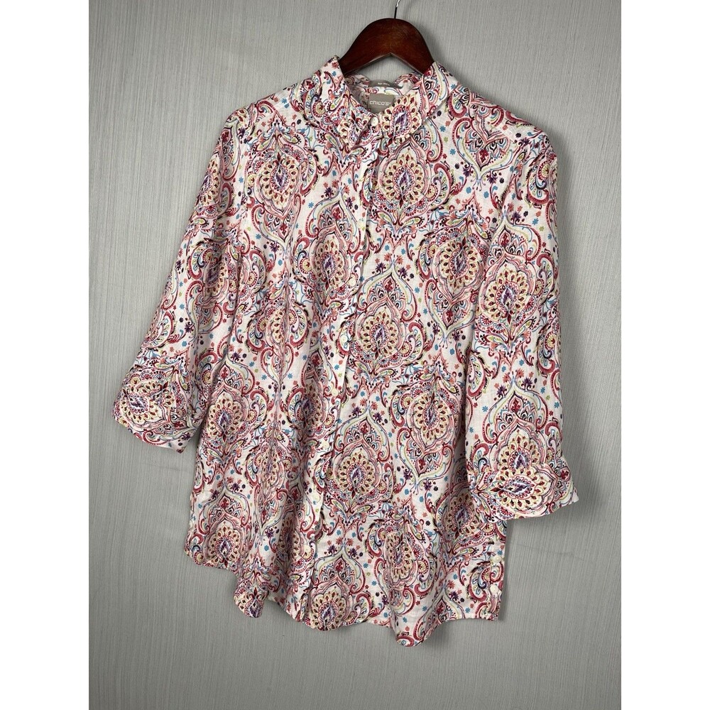 Chico's No-Iron Linen Tunic Shirt‎ Sz 2 (US 12/14) Paisley Boho Colorful Light